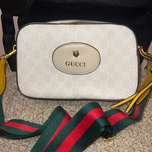 Inspired White Crossbody Bag with Multicolor Strap and Dust Bag